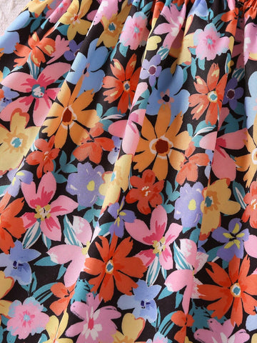 Young Girl Floral Printed Romantic Midi Dress With Adjustable Spaghetti Straps For Summer Vacation