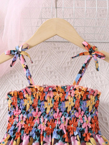 Young Girl Floral Printed Romantic Midi Dress With Adjustable Spaghetti Straps For Summer Vacation
