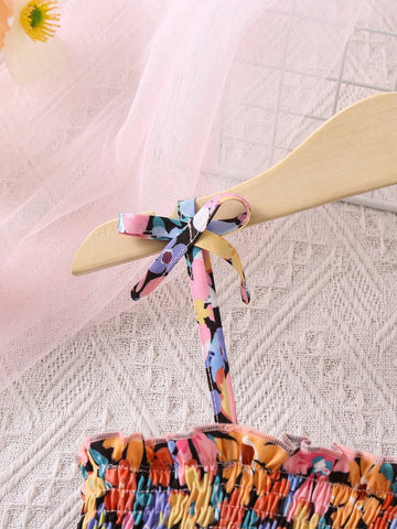 Young Girl Floral Printed Romantic Midi Dress With Adjustable Spaghetti Straps For Summer Vacation