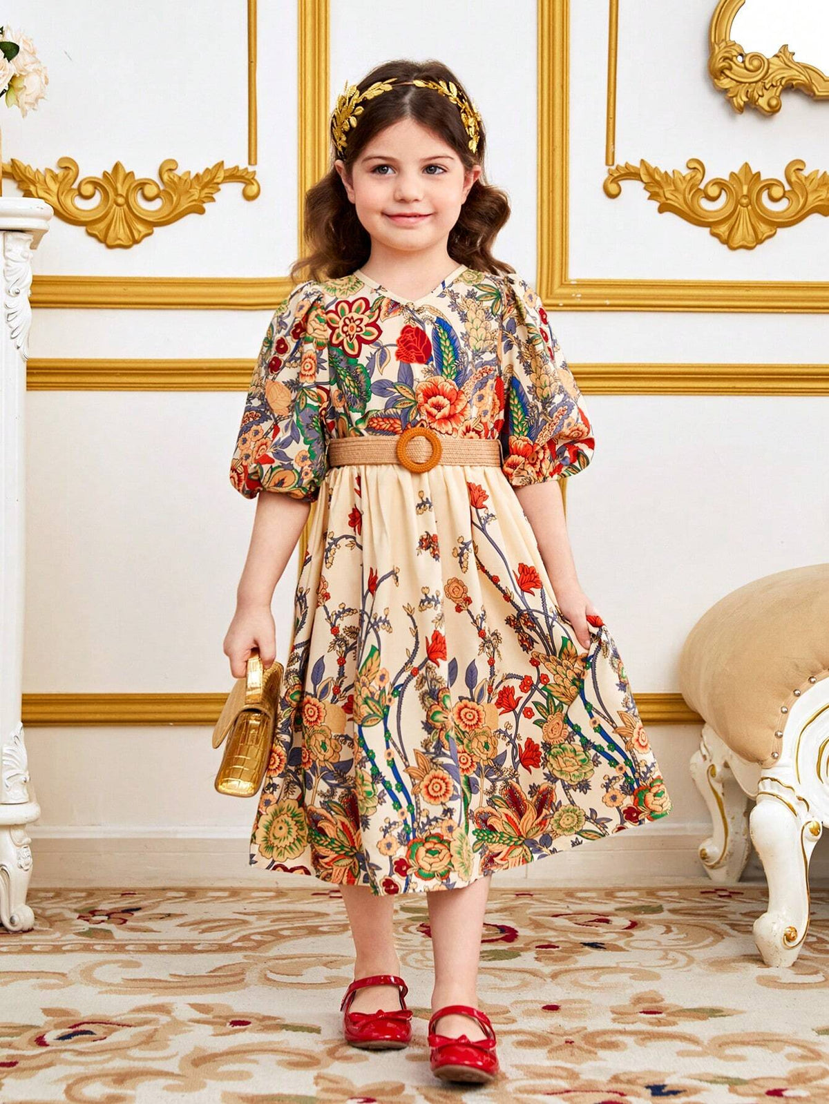 Young Girl Floral Printed V-Neck Puff Sleeve Dress
