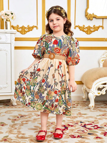 Young Girl Floral Printed V-Neck Puff Sleeve Dress