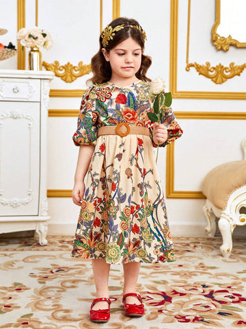 Young Girl Floral Printed V-Neck Puff Sleeve Dress