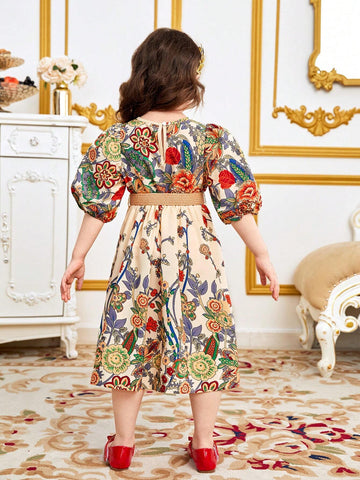 Young Girl Floral Printed V-Neck Puff Sleeve Dress