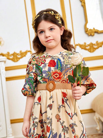 Young Girl Floral Printed V-Neck Puff Sleeve Dress