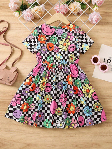 Young Girl Floral & Checker Print Dress
