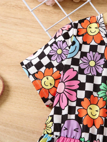 Young Girl Floral & Checker Print Dress