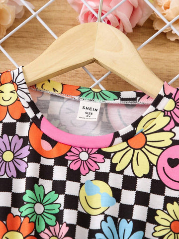 Young Girl Floral & Checker Print Dress