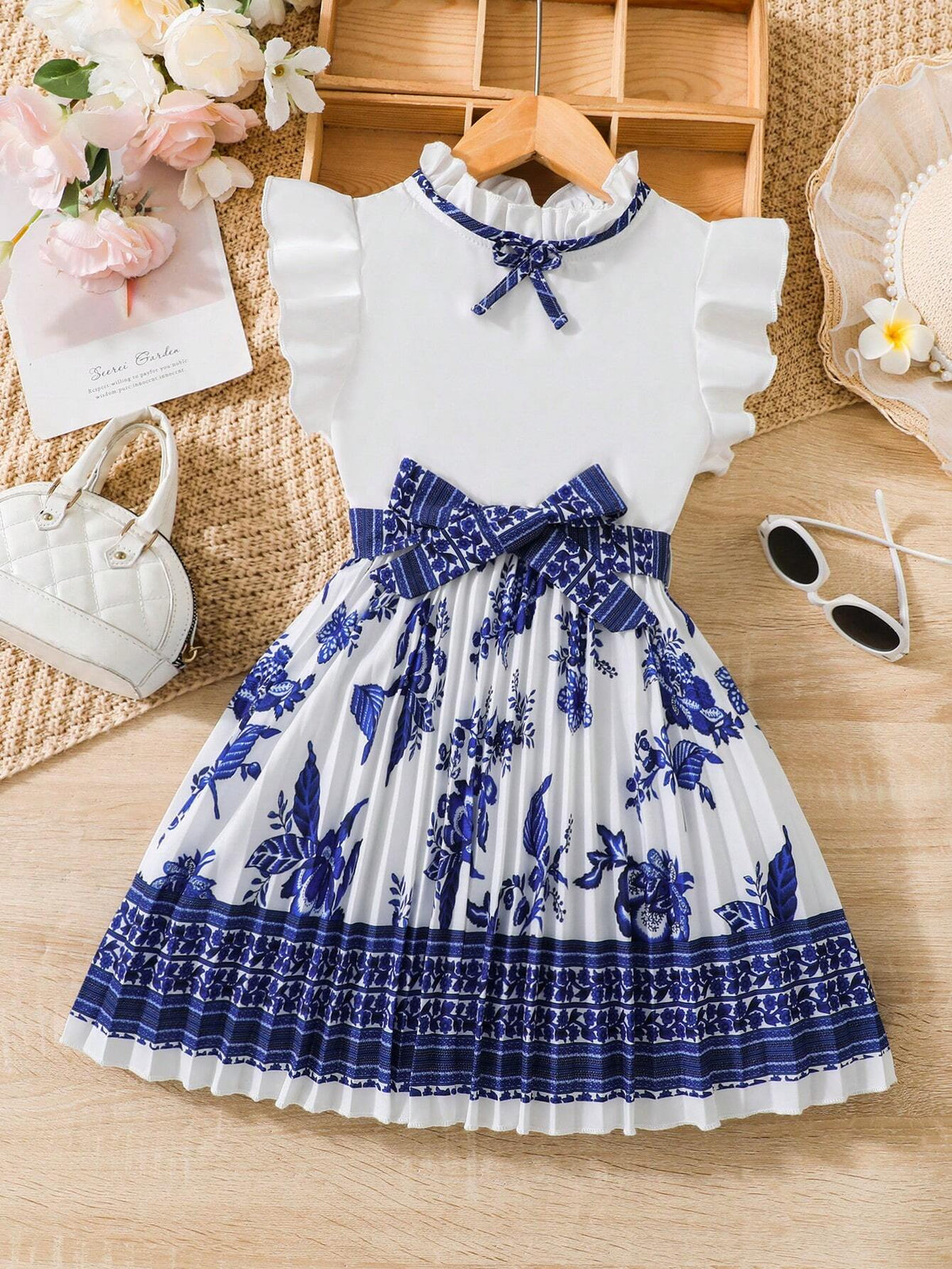 Young Girl Flying Sleeve Empire Waist Dress With Pleats, Belted, Palace Style Detailing
