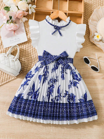Young Girl Flying Sleeve Empire Waist Dress With Pleats, Belted, Palace Style Detailing