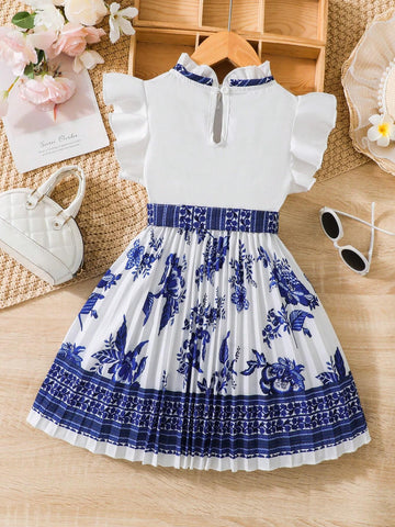 Young Girl Flying Sleeve Empire Waist Dress With Pleats, Belted, Palace Style Detailing