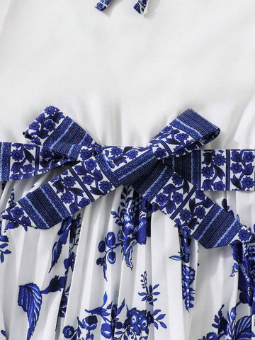 Young Girl Flying Sleeve Empire Waist Dress With Pleats, Belted, Palace Style Detailing