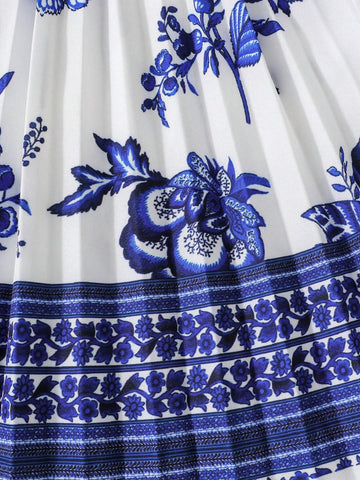 Young Girl Flying Sleeve Empire Waist Dress With Pleats, Belted, Palace Style Detailing