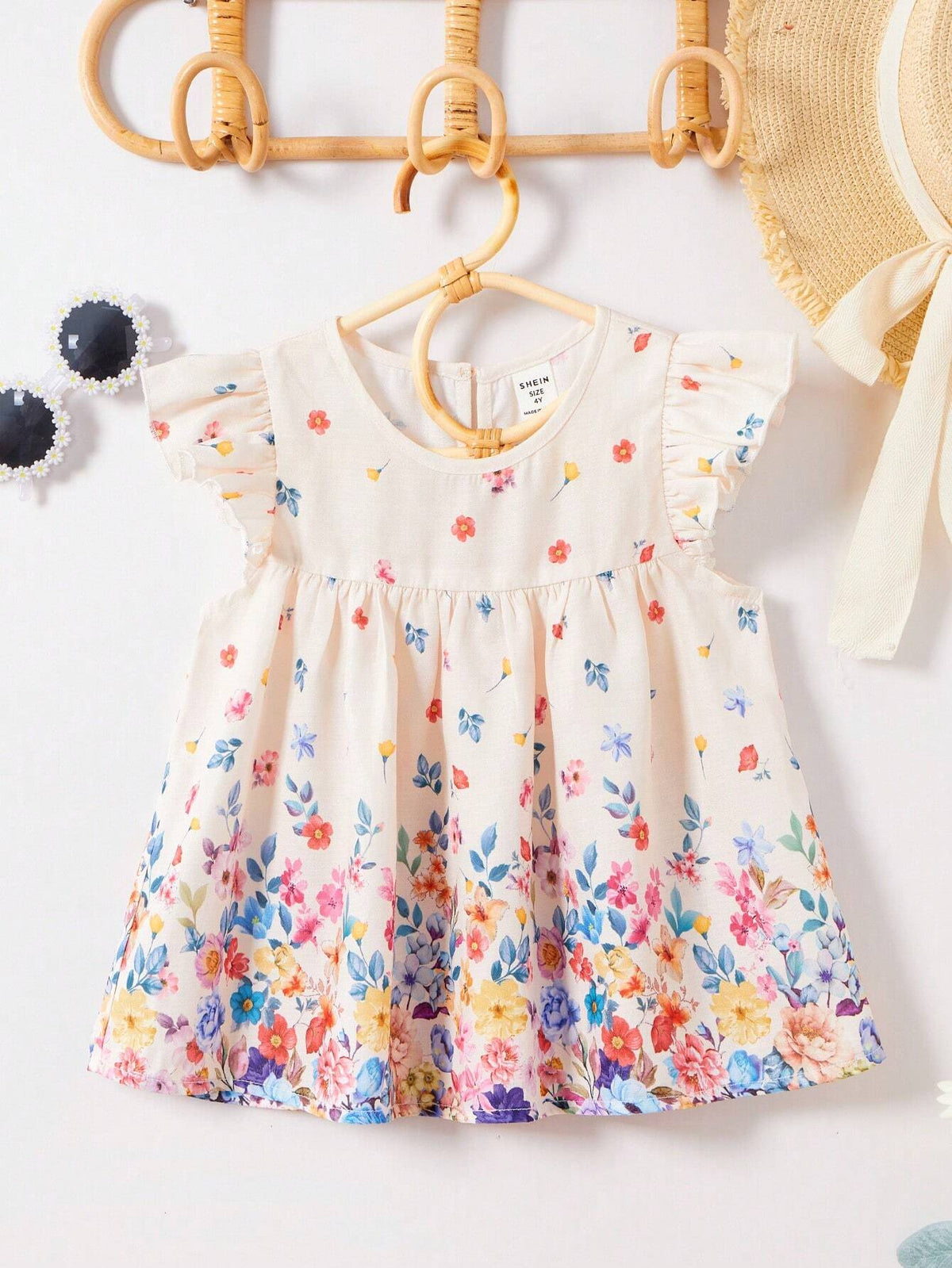Young Girl Flying Sleeve Round Neck Shirt With Water Drop Flower Pattern