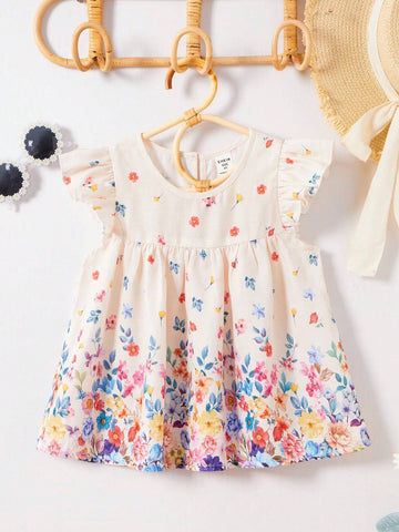 Young Girl Flying Sleeve Round Neck Shirt With Water Drop Flower Pattern