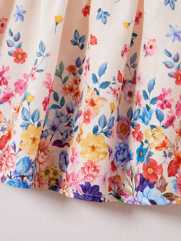 Young Girl Flying Sleeve Round Neck Shirt With Water Drop Flower Pattern