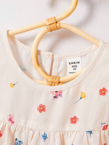 Young Girl Flying Sleeve Round Neck Shirt With Water Drop Flower Pattern