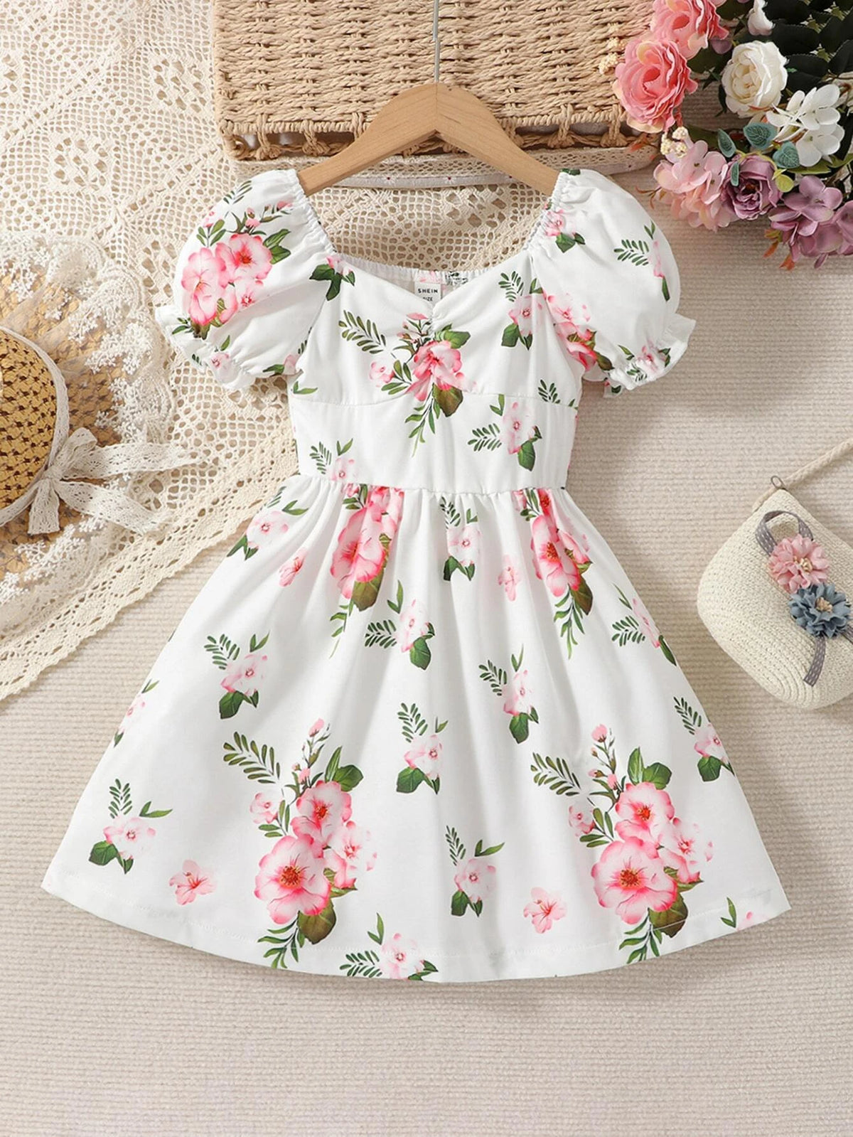 Young Girl French Style Bubble Sleeve Floral Square Neck Short Sleeve Dress