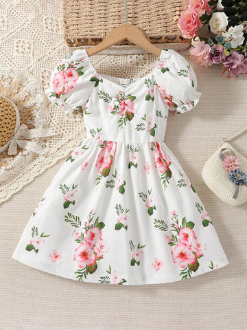 Young Girl French Style Bubble Sleeve Floral Square Neck Short Sleeve Dress