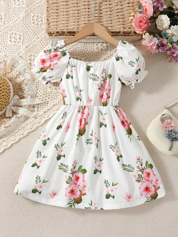 Young Girl French Style Bubble Sleeve Floral Square Neck Short Sleeve Dress