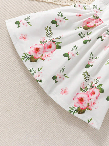 Young Girl French Style Bubble Sleeve Floral Square Neck Short Sleeve Dress