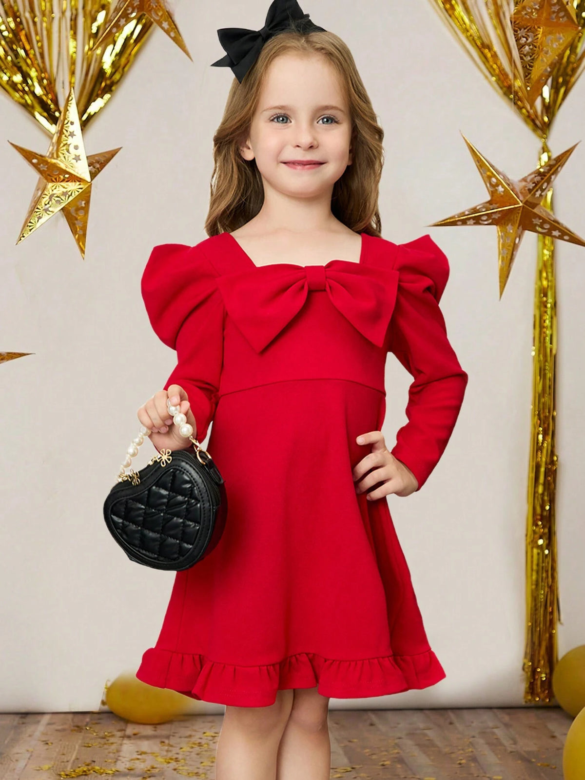 Young Girl Gigot Sleeve Big Bow Decor Red Christmas Dress,Suitable For Daily Wear, Casual Occasions, Elegant Parties Or Birthday Parties