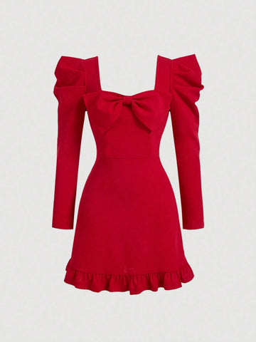Young Girl Gigot Sleeve Big Bow Decor Red Christmas Dress,Suitable For Daily Wear, Casual Occasions, Elegant Parties Or Birthday Parties