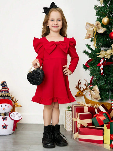 Young Girl Gigot Sleeve Big Bow Decor Red Christmas Dress,Suitable For Daily Wear, Casual Occasions, Elegant Parties Or Birthday Parties