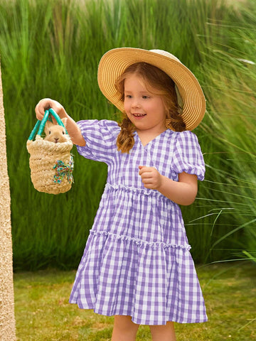 Young Girl Gingham Print Puff Sleeve Frill Detail Dress