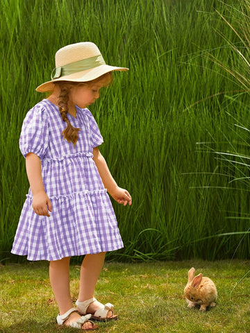 Young Girl Gingham Print Puff Sleeve Frill Detail Dress