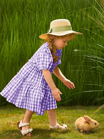 Young Girl Gingham Print Puff Sleeve Frill Detail Dress
