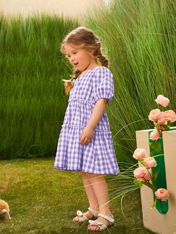 Young Girl Gingham Print Puff Sleeve Frill Detail Dress
