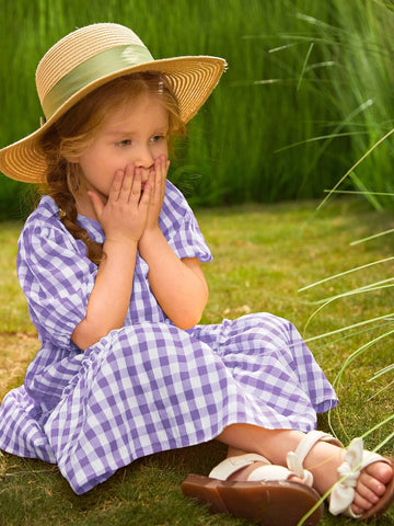 Young Girl Gingham Print Puff Sleeve Frill Detail Dress