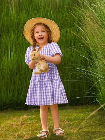 Young Girl Gingham Print Puff Sleeve Frill Detail Dress