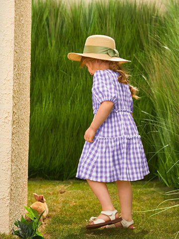 Young Girl Gingham Print Puff Sleeve Frill Detail Dress