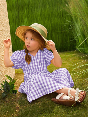 Young Girl Gingham Print Puff Sleeve Frill Detail Dress