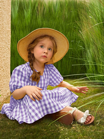 Young Girl Gingham Print Puff Sleeve Frill Detail Dress