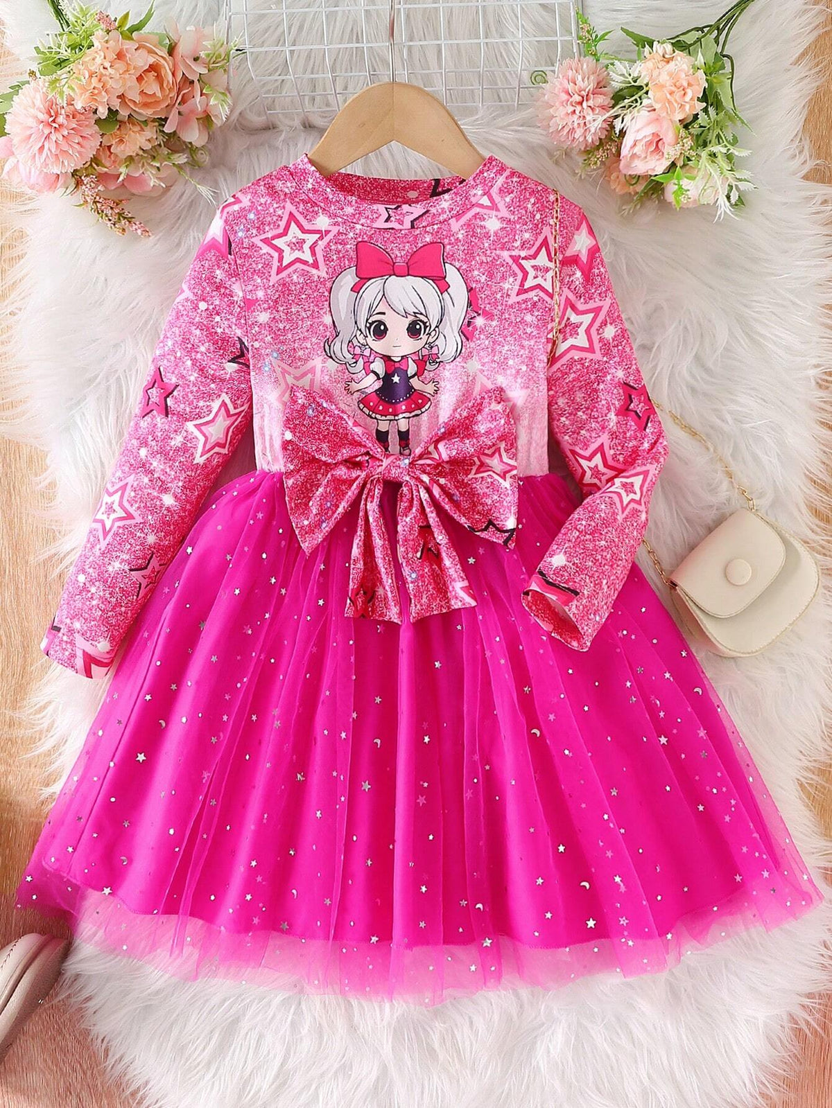 Young Girl Glamorous Round Neck Raglan Sleeve Waisted Sequin Print Letter & Bow Mesh Panel Decorated Dress