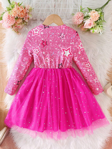 Young Girl Glamorous Round Neck Raglan Sleeve Waisted Sequin Print Letter & Bow Mesh Panel Decorated Dress