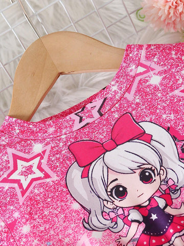 Young Girl Glamorous Round Neck Raglan Sleeve Waisted Sequin Print Letter & Bow Mesh Panel Decorated Dress