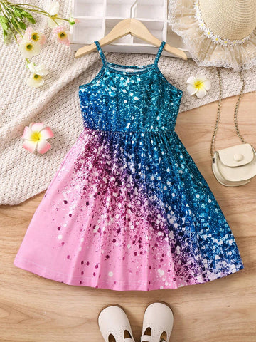 Young Girl Glitter Shimmer Print Strap Dress
