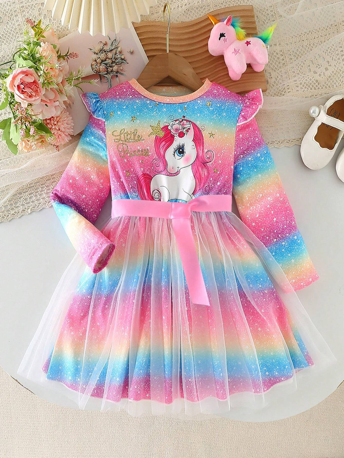 Young Girl Glorious Round Neck Long Sleeve Waist Ruffle Sequins Letter Print Bow Mesh Patchwork Party Dress