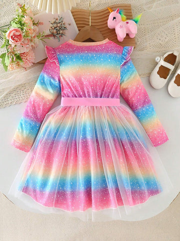 Young Girl Glorious Round Neck Long Sleeve Waist Ruffle Sequins Letter Print Bow Mesh Patchwork Party Dress