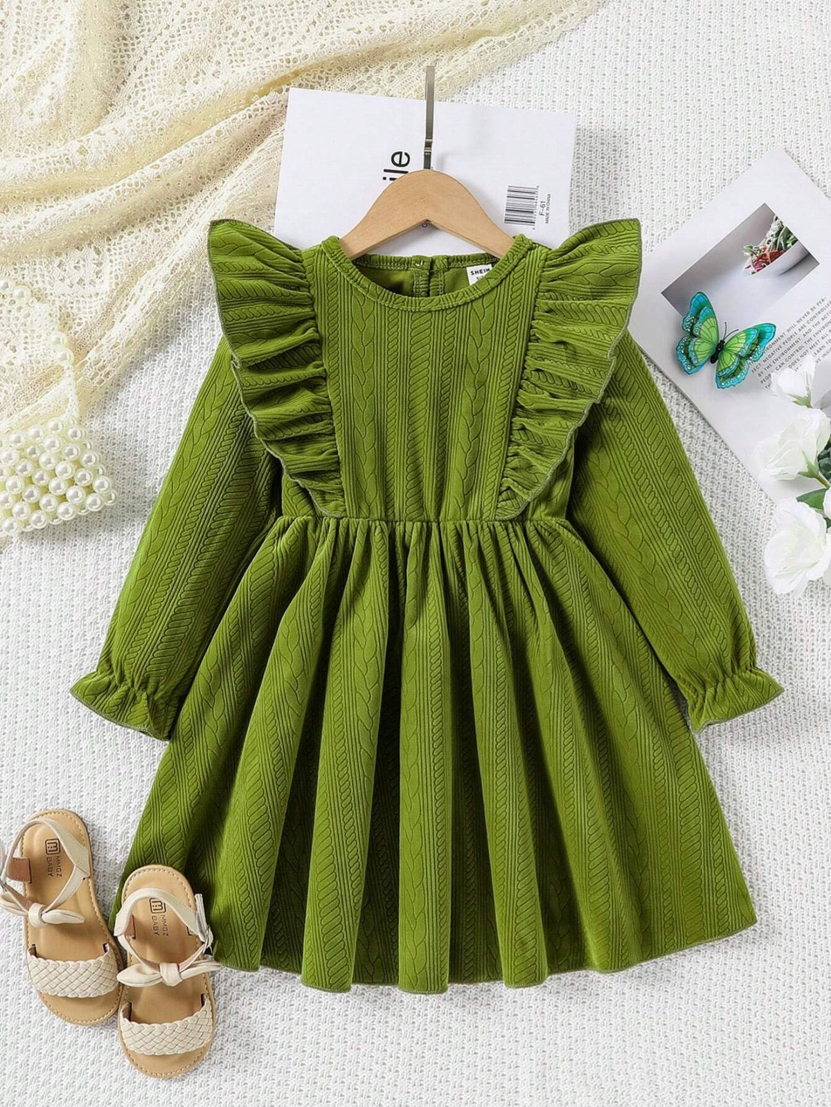 Young Girl Green Knitted Jacquard Fabric Dress, Pastoral Vintage Casual Style, Suitable For Autumn & Winter