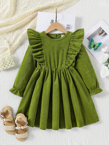 Young Girl Green Knitted Jacquard Fabric Dress, Pastoral Vintage Casual Style, Suitable For Autumn & Winter