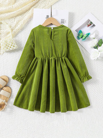 Young Girl Green Knitted Jacquard Fabric Dress, Pastoral Vintage Casual Style, Suitable For Autumn & Winter