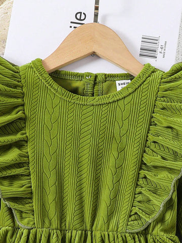 Young Girl Green Knitted Jacquard Fabric Dress, Pastoral Vintage Casual Style, Suitable For Autumn & Winter
