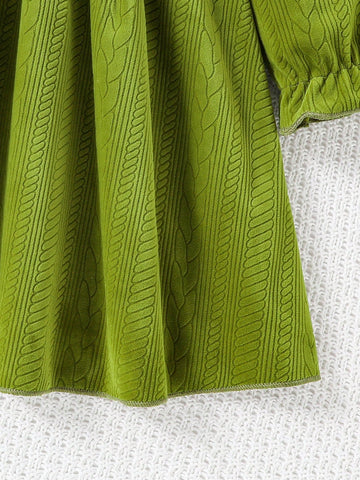 Young Girl Green Knitted Jacquard Fabric Dress, Pastoral Vintage Casual Style, Suitable For Autumn & Winter
