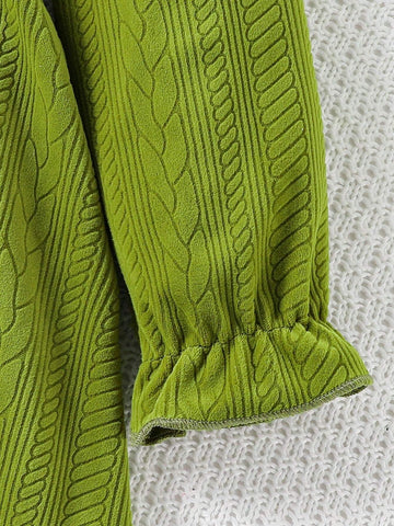 Young Girl Green Knitted Jacquard Fabric Dress, Pastoral Vintage Casual Style, Suitable For Autumn & Winter
