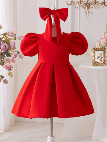 Young Girl Heart Hollow Back Big Bow Dress, Great For Casual & Daily Wear & School Daily In Spring And Autumn