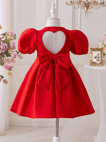Young Girl Heart Hollow Back Big Bow Dress, Great For Casual & Daily Wear & School Daily In Spring And Autumn